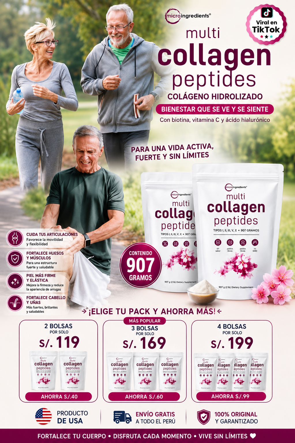 Multi Collagen Peptides™ - Colágeno Hidrolizado en Polvo Tipo I, II, III, V y X con Glucosamina, Biotina, Condroitina y Cartílago de Tiburón, para Piel, Articulaciones y Huesos, 100% Puro y Natural