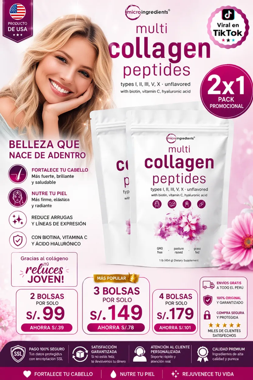Multi Collagen Peptides™ - Colágeno Hidrolizado en Polvo Tipo I, II, III, V y X con Glucosamina, Biotina, Condroitina y Cartílago de Tiburón, para Piel, Articulaciones y Huesos, 100% Puro y Natural