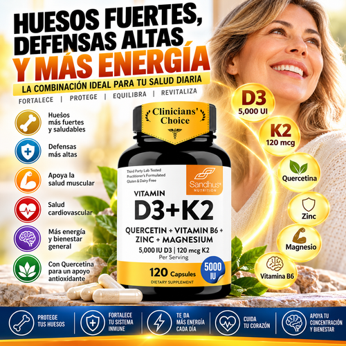 Vitamina D3 K2 5000 UI 120mcg Magnesio Zinc B6 Quercetina Cápsulas 120