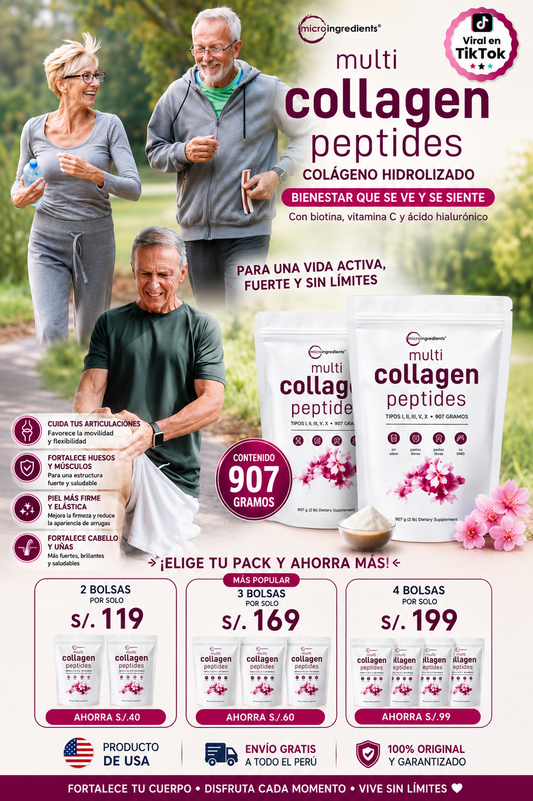 Multi Collagen Peptides™ - Colágeno Hidrolizado en Polvo Tipo I, II, III, V y X con Glucosamina, Biotina, Condroitina y Cartílago de Tiburón, para Piel, Articulaciones y Huesos, 100% Puro y Natural