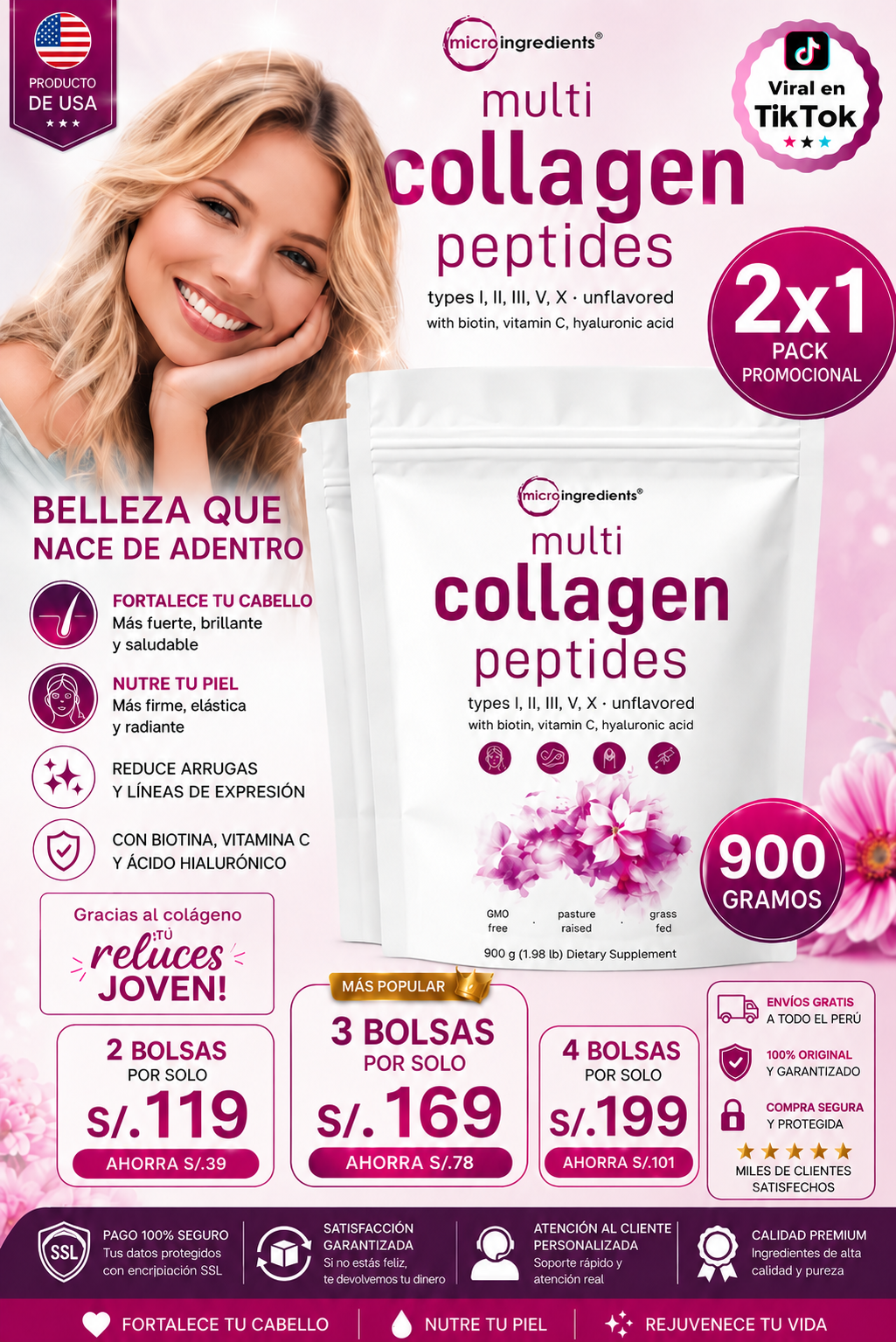 Multi Collagen Peptides™ 900 Gramos  - Colágeno Hidrolizado en Polvo Tipo I, II, III, V y X con Glucosamina, Biotina, Condroitina y Cartílago de Tiburón, para Piel, Articulaciones y Huesos, 100% Puro y Natural