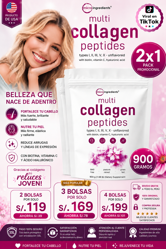 Multi Collagen Peptides™ - Colágeno Hidrolizado en Polvo Tipo I, II, III, V y X con Glucosamina, Biotina, Condroitina y Cartílago de Tiburón, para Piel, Articulaciones y Huesos, 100% Puro y Natural